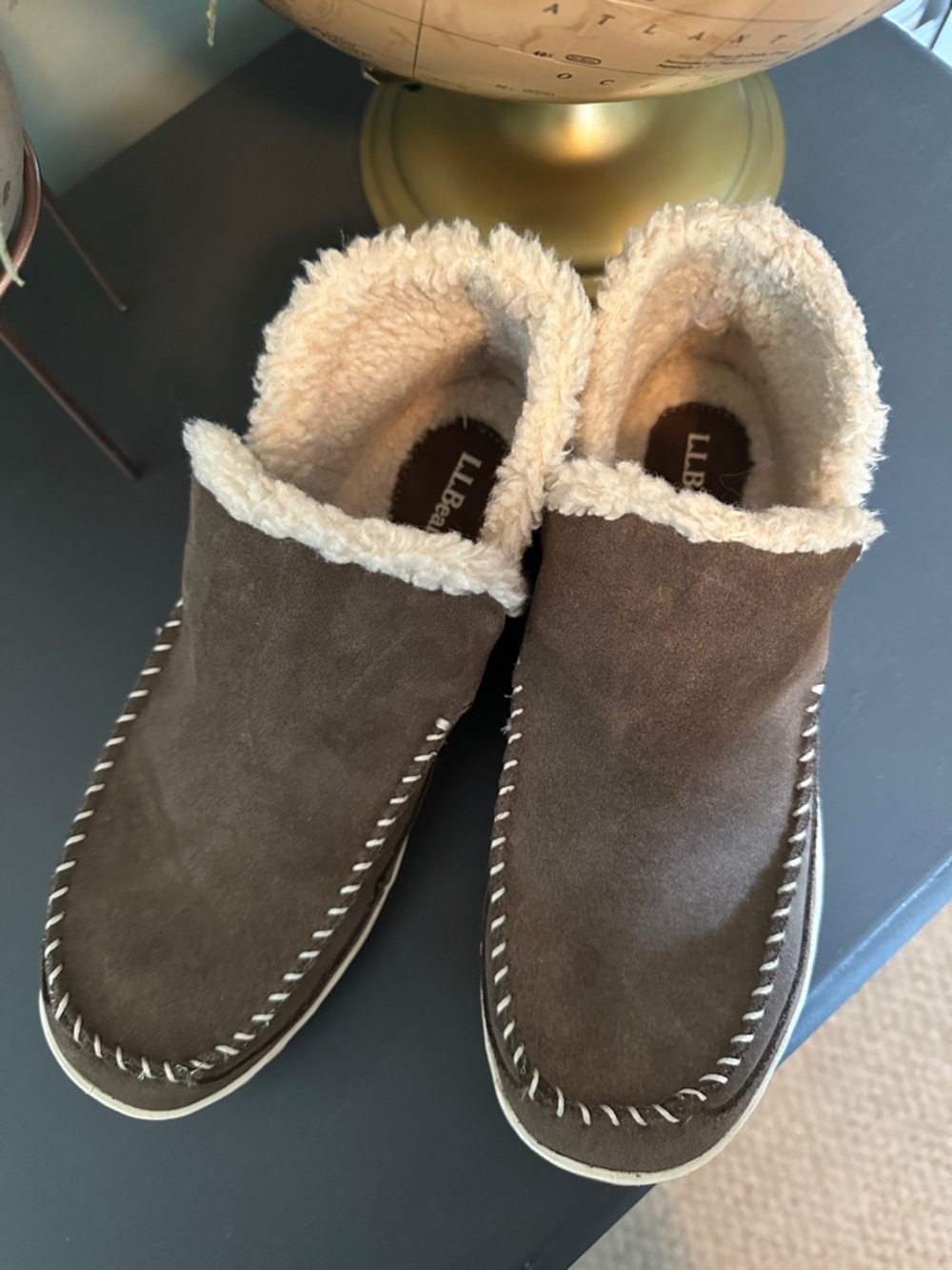 L.L. Bean Brown Suede Sherpa-Trim Slip-On Moccasins - Picture 3 of 7